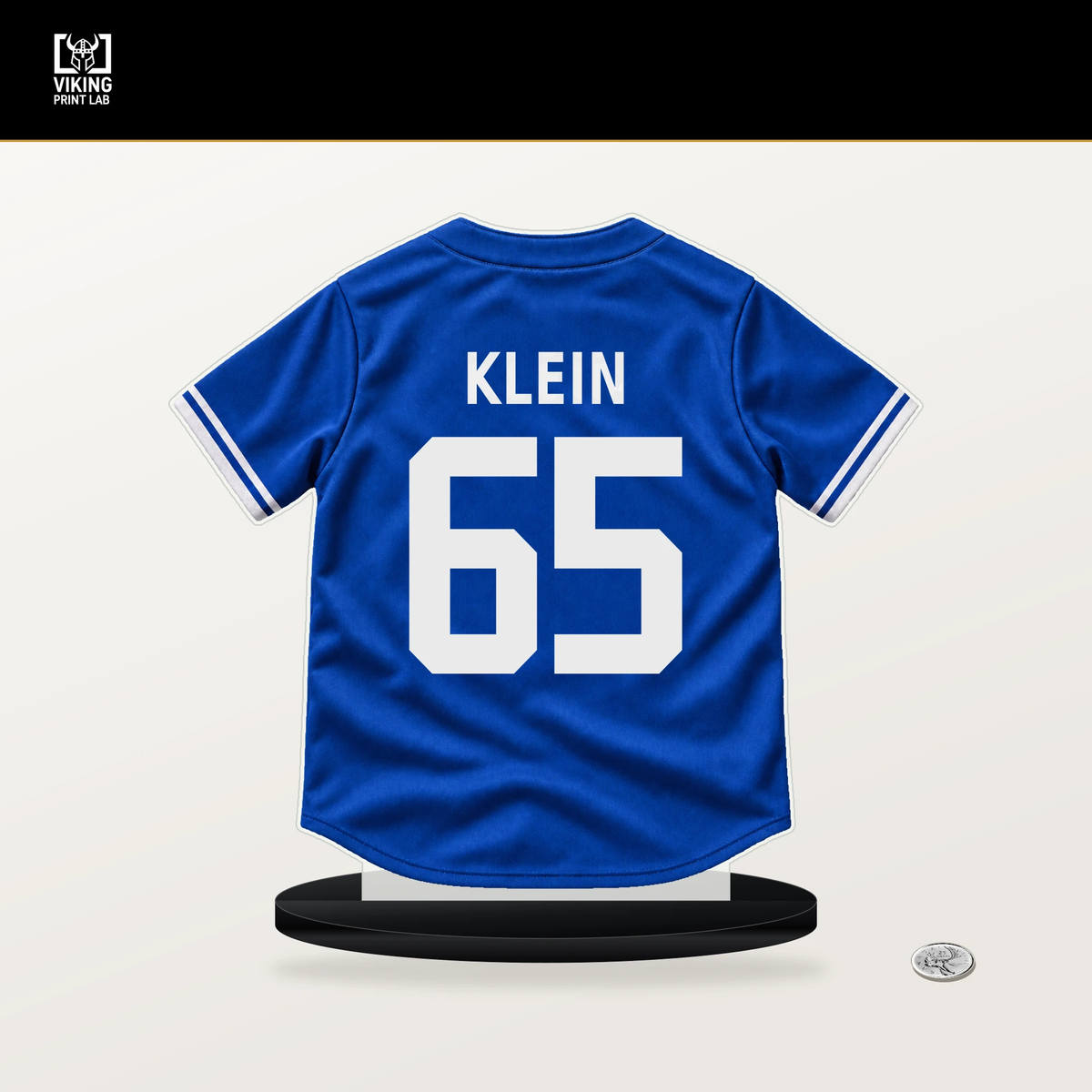 John Klein number 65 Toronto Blue Jays jersey stand with included black base.