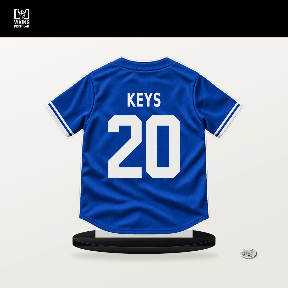 Sean Keys number 20 Toronto Blue Jays jersey stand with included black base.