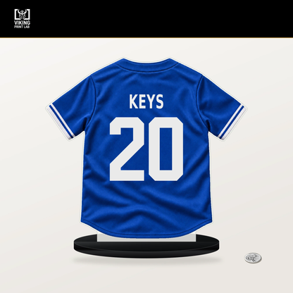 Sean Keys number 20 Toronto Blue Jays jersey stand with included black base.