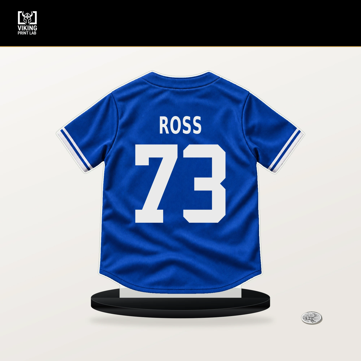 Shawn Ross number 73 Toronto Blue Jays jersey stand with included black base.