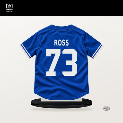 Shawn Ross number 73 Toronto Blue Jays jersey stand with included black base.