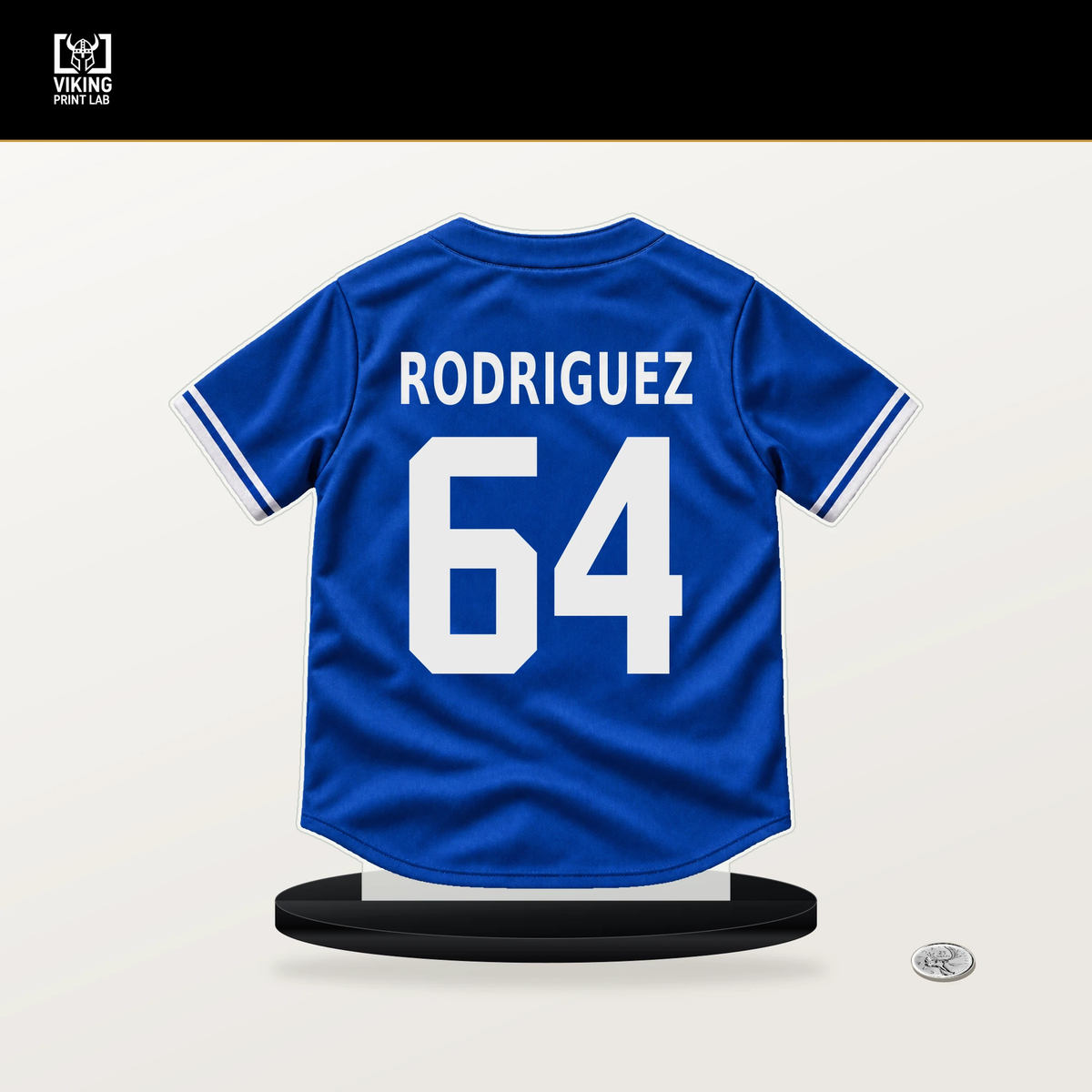 Jose Rodriguez number 64 Toronto Blue Jays jersey stand with included black base.