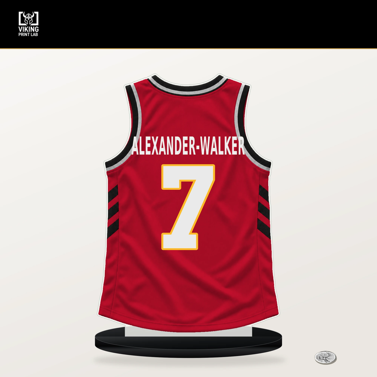 Nickeil Alexander-Walker number 7 Atlanta Hawks jersey stand with included black base.