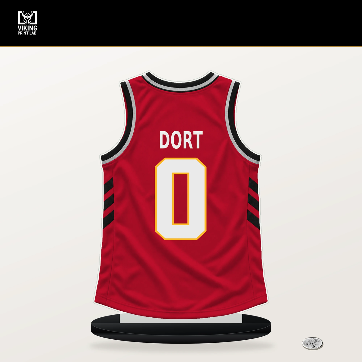 Luguentz Dort number 0 Atlanta Hawks jersey stand with included black base.