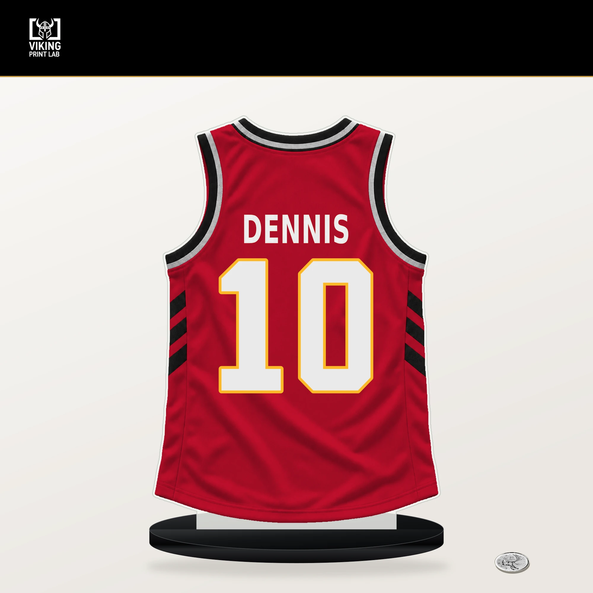 RayJ Dennis number 10 Atlanta Hawks jersey stand with included black base.