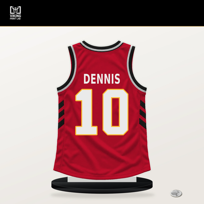 RayJ Dennis number 10 Atlanta Hawks jersey stand with included black base.