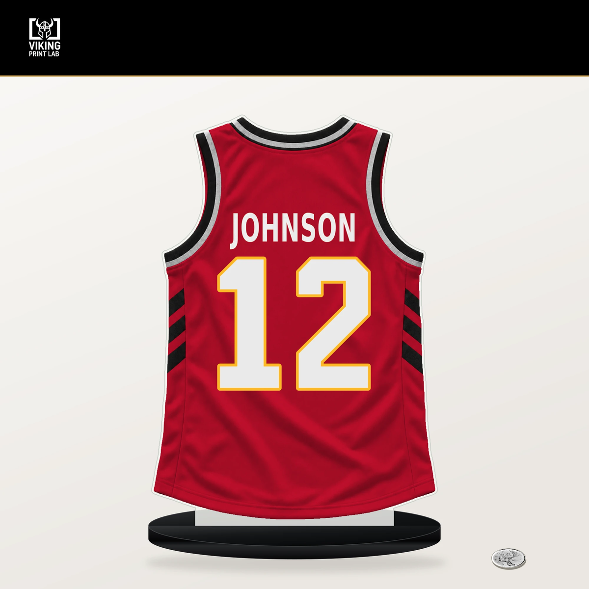 Kobe Johnson number 12 Atlanta Hawks jersey stand with included black base.