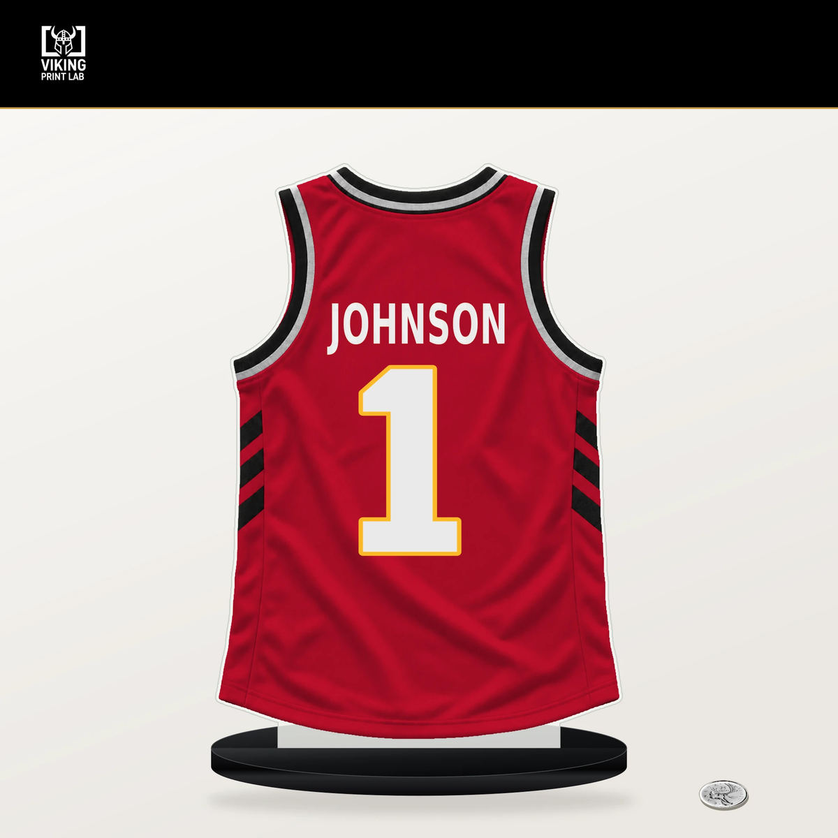Jalen Johnson number 1 Atlanta Hawks jersey stand with included black base.
