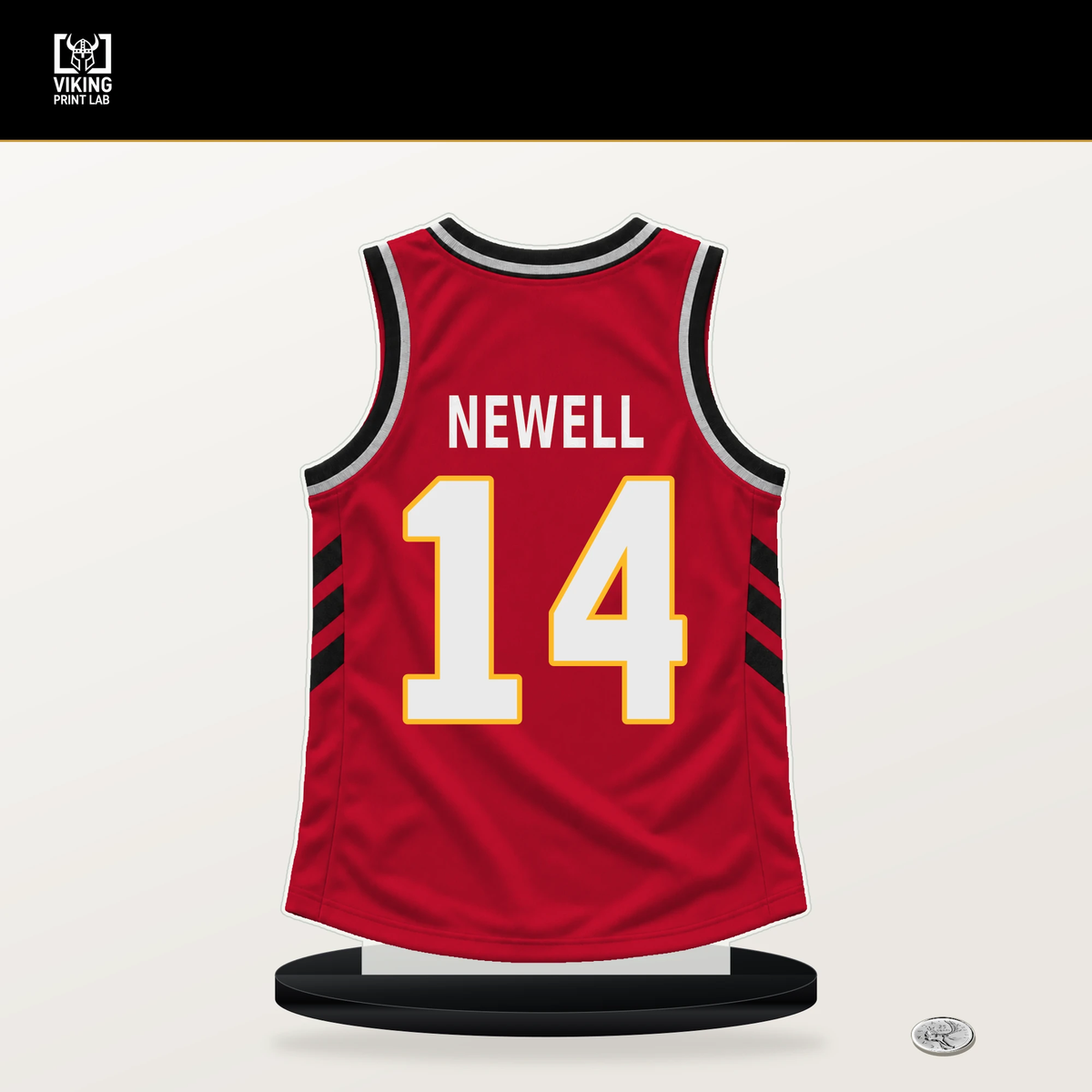 Asa Newell number 14 Atlanta Hawks jersey stand with included black base.