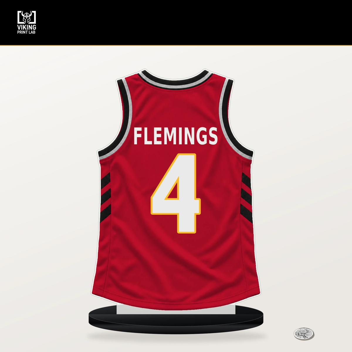 Kingston Flemings number 4 Atlanta Hawks jersey stand with included black base.