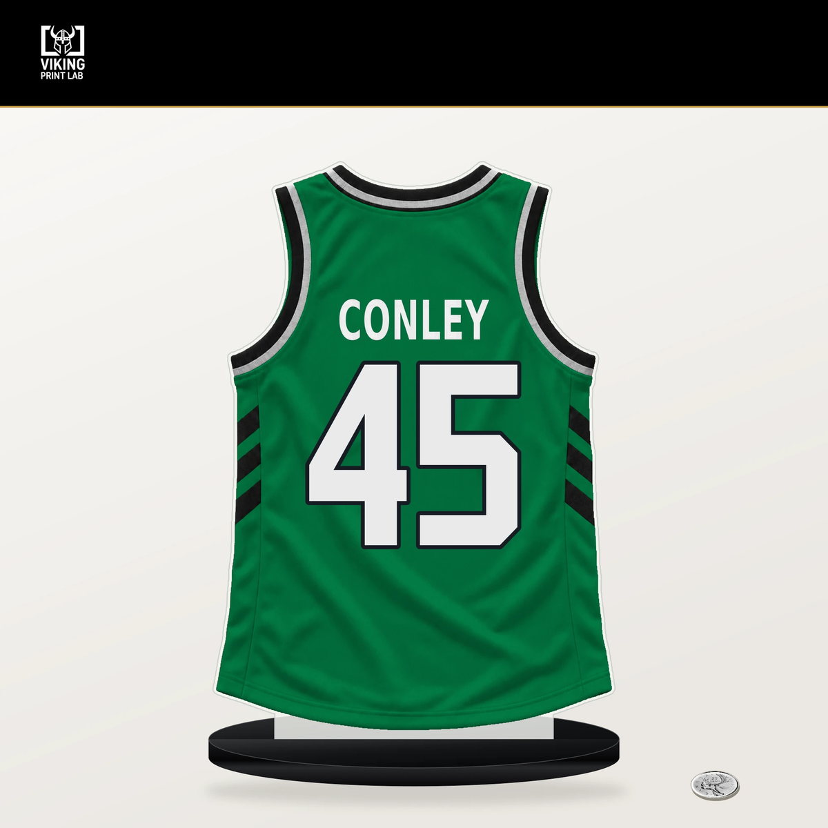 Mike Conley number 45 Boston Celtics jersey stand with included black base.
