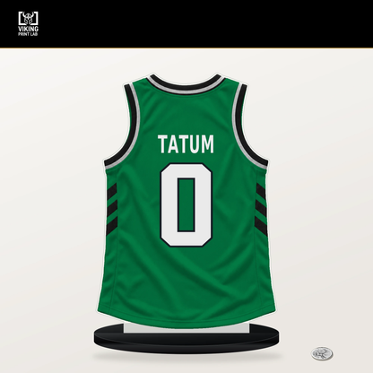Jayson Tatum number 0 Boston Celtics jersey stand with included black base.