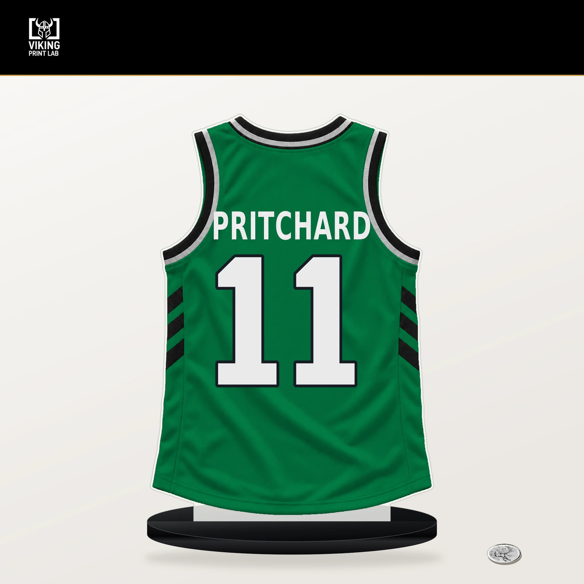 Payton Pritchard number 11 Boston Celtics jersey stand with included black base.