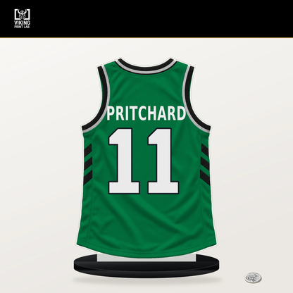 Payton Pritchard number 11 Boston Celtics jersey stand with included black base.