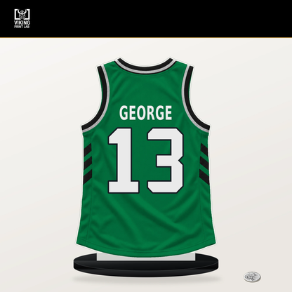 Paul George number 13 Boston Celtics jersey stand with included black base.