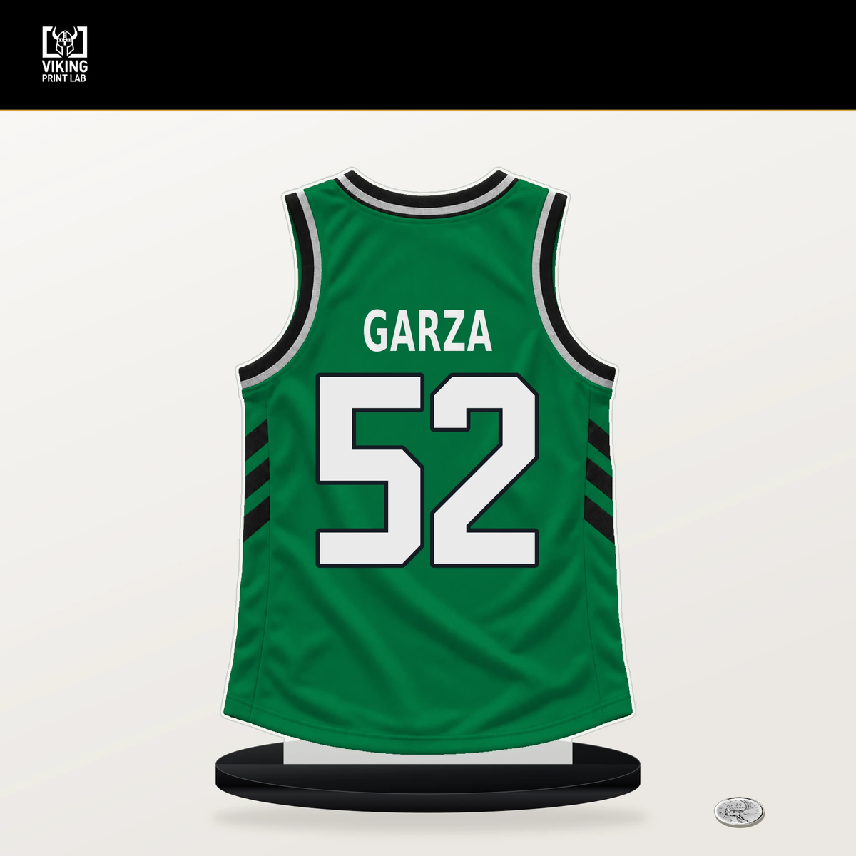 Luka Garza number 52 Boston Celtics jersey stand with included black base.