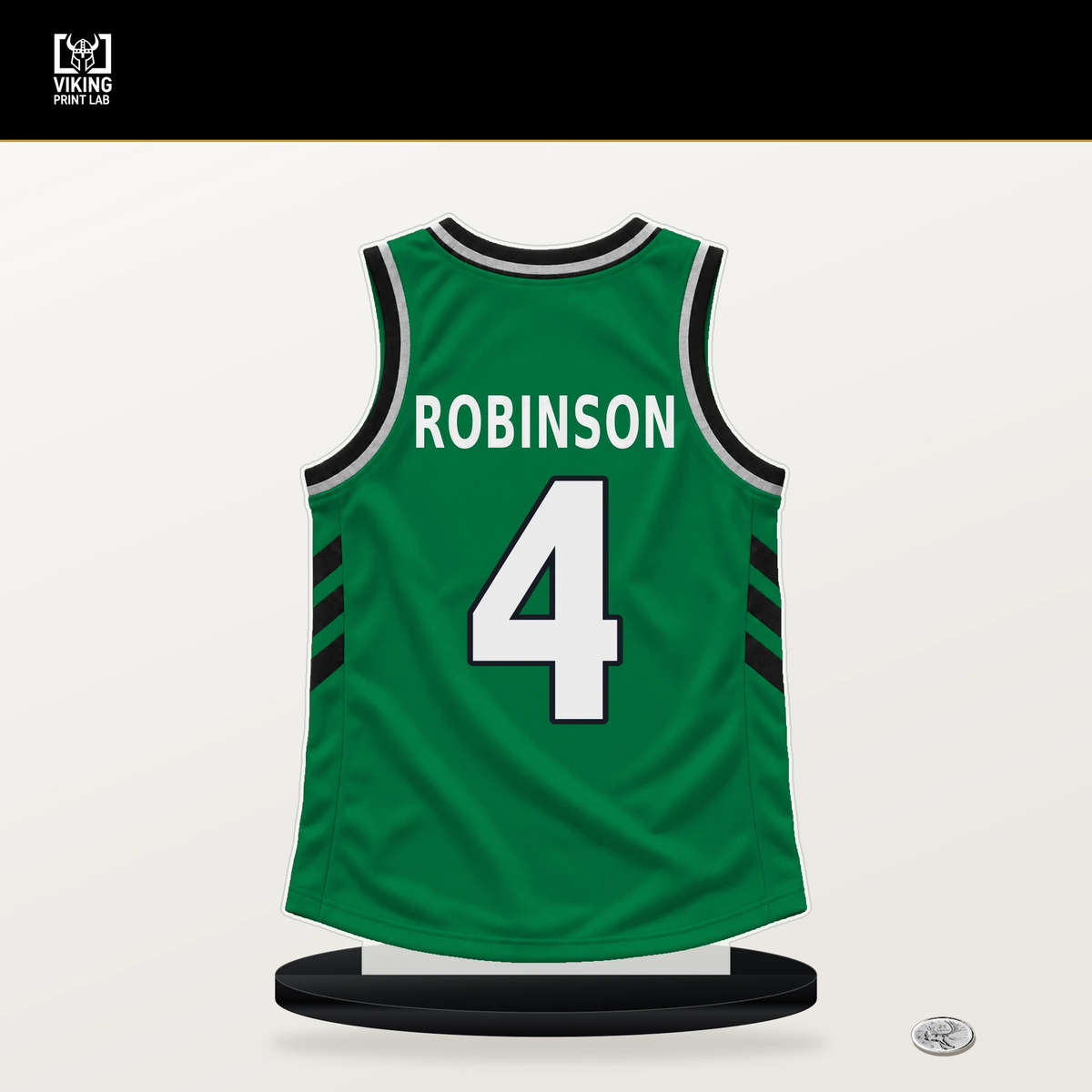 Mitchell Robinson number 4 Boston Celtics jersey stand with included black base.
