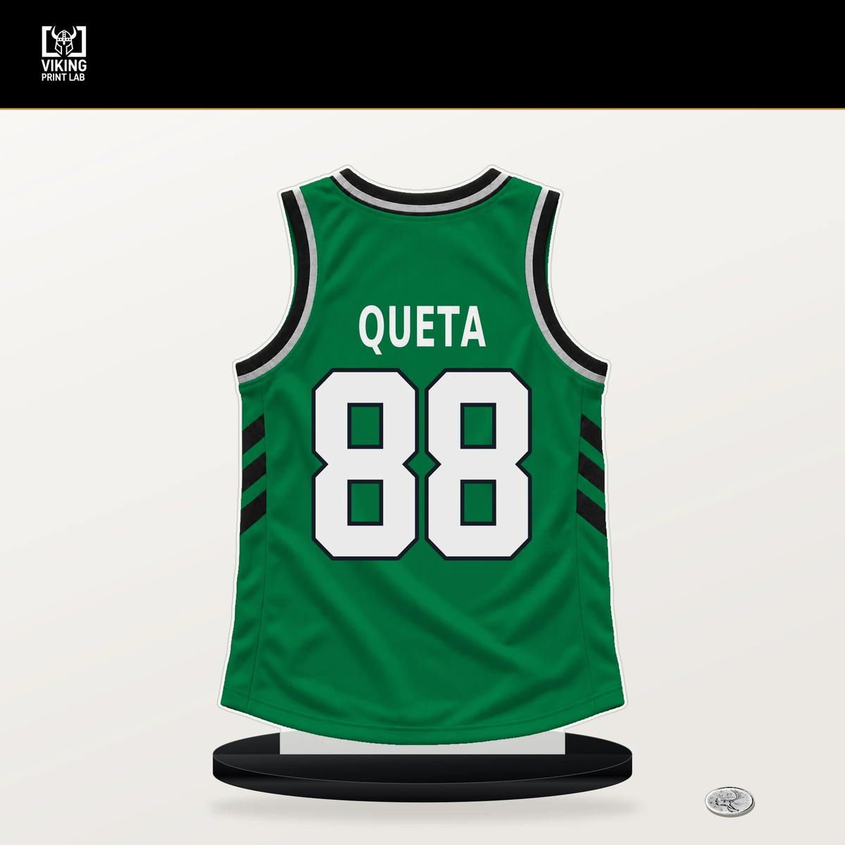 Neemias Queta number 88 Boston Celtics jersey stand with included black base.