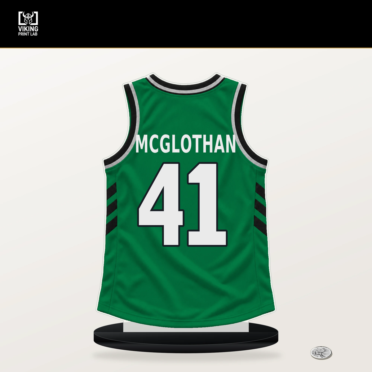 Gabe McGlothan number 41 Boston Celtics jersey stand with included black base.