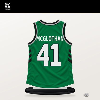 Gabe McGlothan number 41 Boston Celtics jersey stand with included black base.