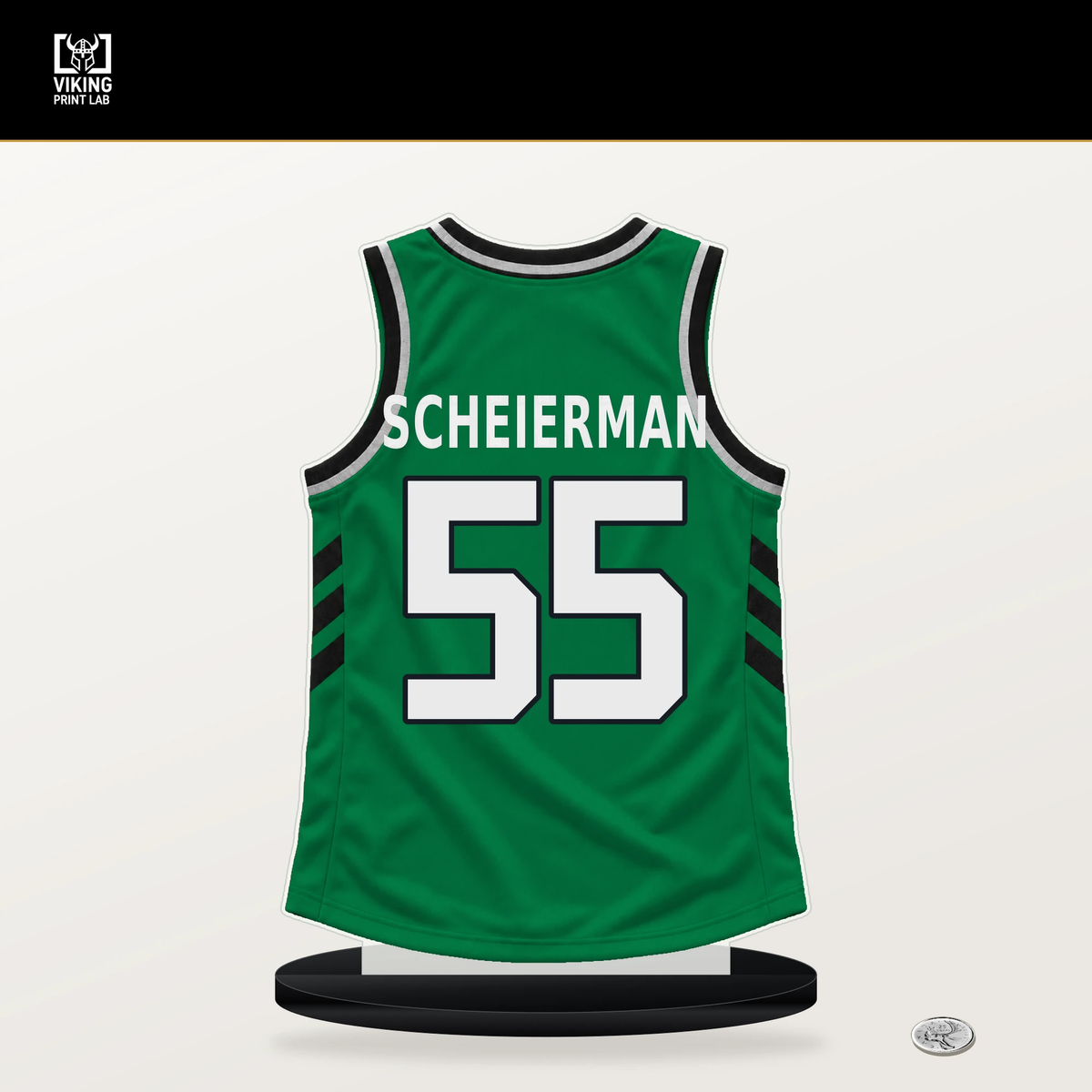 Baylor Scheierman number 55 Boston Celtics jersey stand with included black base.