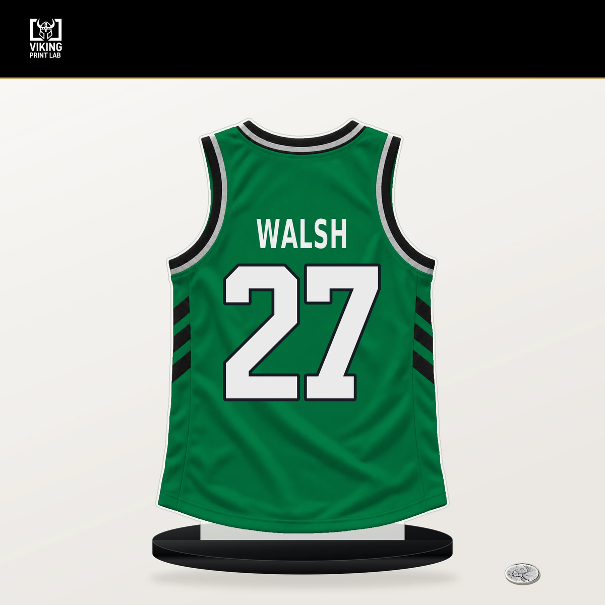 Jordan Walsh number 27 Boston Celtics jersey stand with included black base.