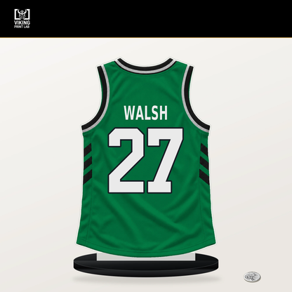 Jordan Walsh number 27 Boston Celtics jersey stand with included black base.