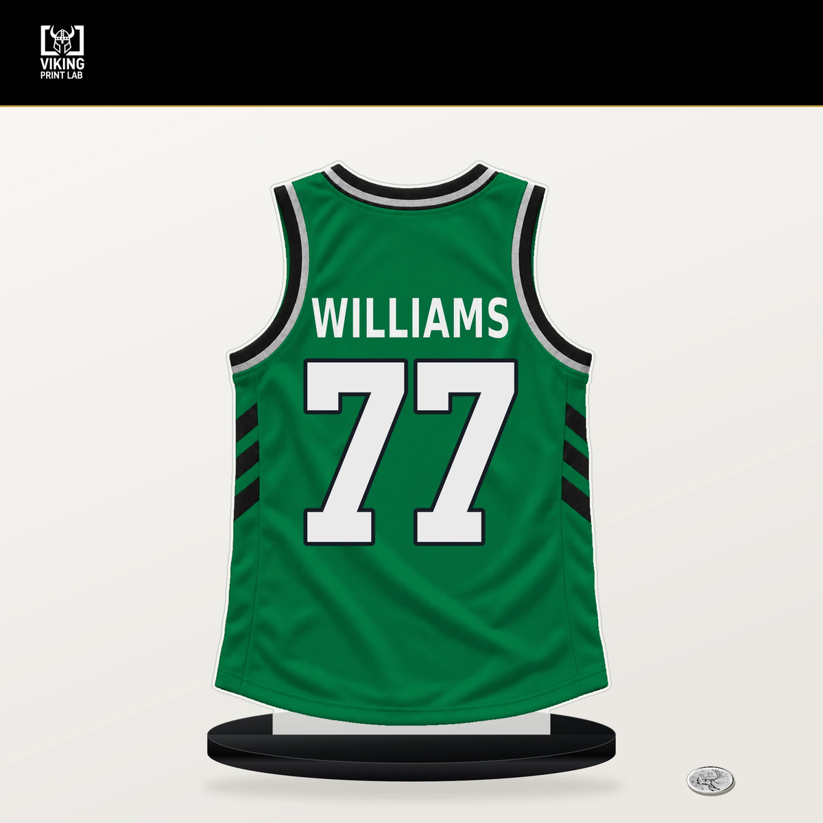 Amari Williams number 77 Boston Celtics jersey stand with included black base.