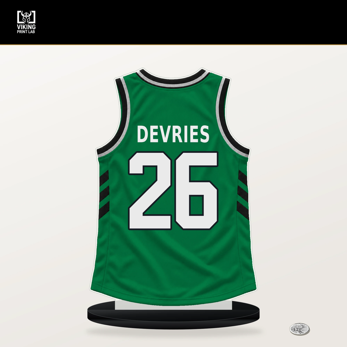 Tucker DeVries number 26 Boston Celtics jersey stand with included black base.