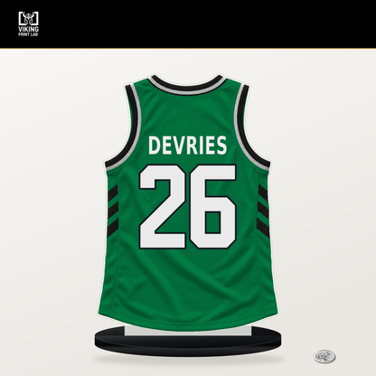 Tucker DeVries number 26 Boston Celtics jersey stand with included black base.