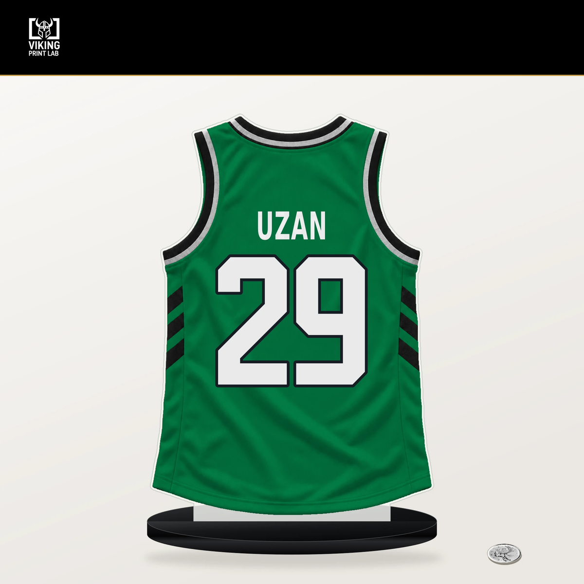 Milos Uzan number 29 Boston Celtics jersey stand with included black base.