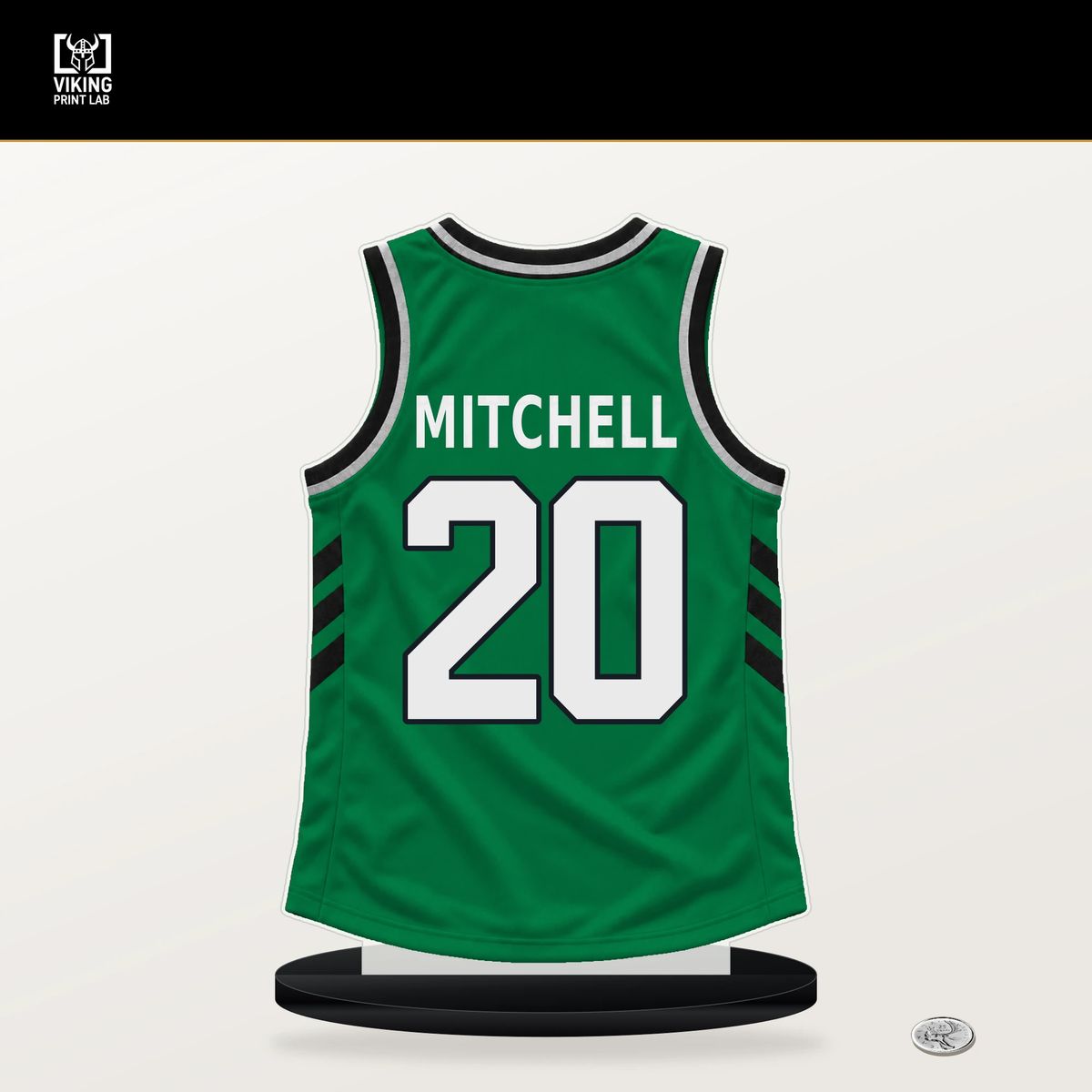 Dillon Mitchell number 20 Boston Celtics jersey stand with included black base.