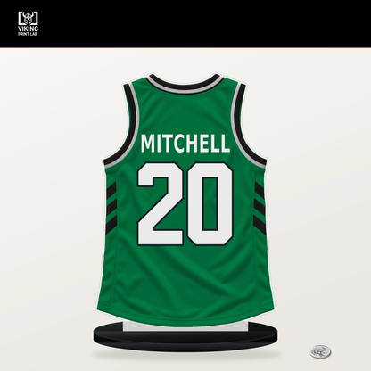Dillon Mitchell number 20 Boston Celtics jersey stand with included black base.