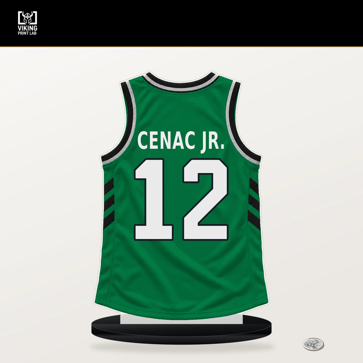 Chris Cenac Jr. number 12 Boston Celtics jersey stand with included black base.
