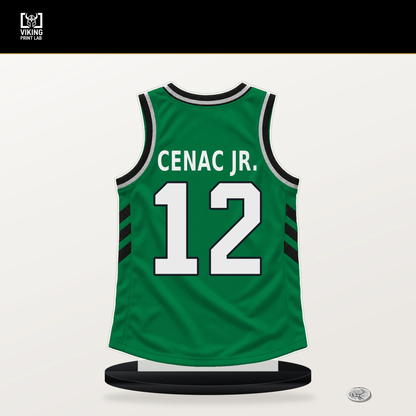 Chris Cenac Jr. number 12 Boston Celtics jersey stand with included black base.