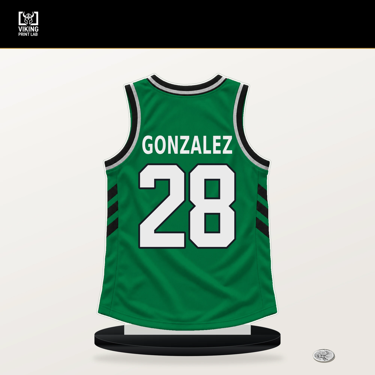 Hugo Gonzalez number 28 Boston Celtics jersey stand with included black base.