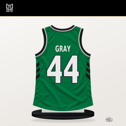 Hayden Gray number 44 Boston Celtics jersey stand with included black base.