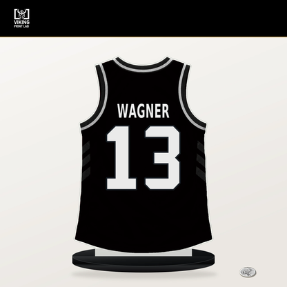 Moritz Wagner number 13 Brooklyn Nets jersey stand with included black base.