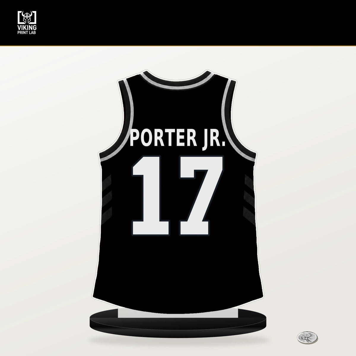 Michael Porter Jr. number 17 Brooklyn Nets jersey stand with included black base.