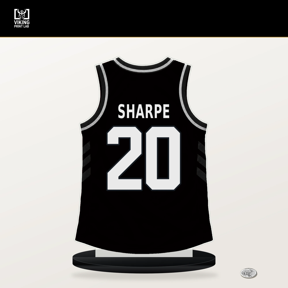 Day'Ron Sharpe number 20 Brooklyn Nets jersey stand with included black base.