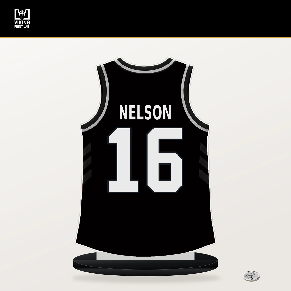 Grant Nelson number 16 Brooklyn Nets jersey stand with included black base.