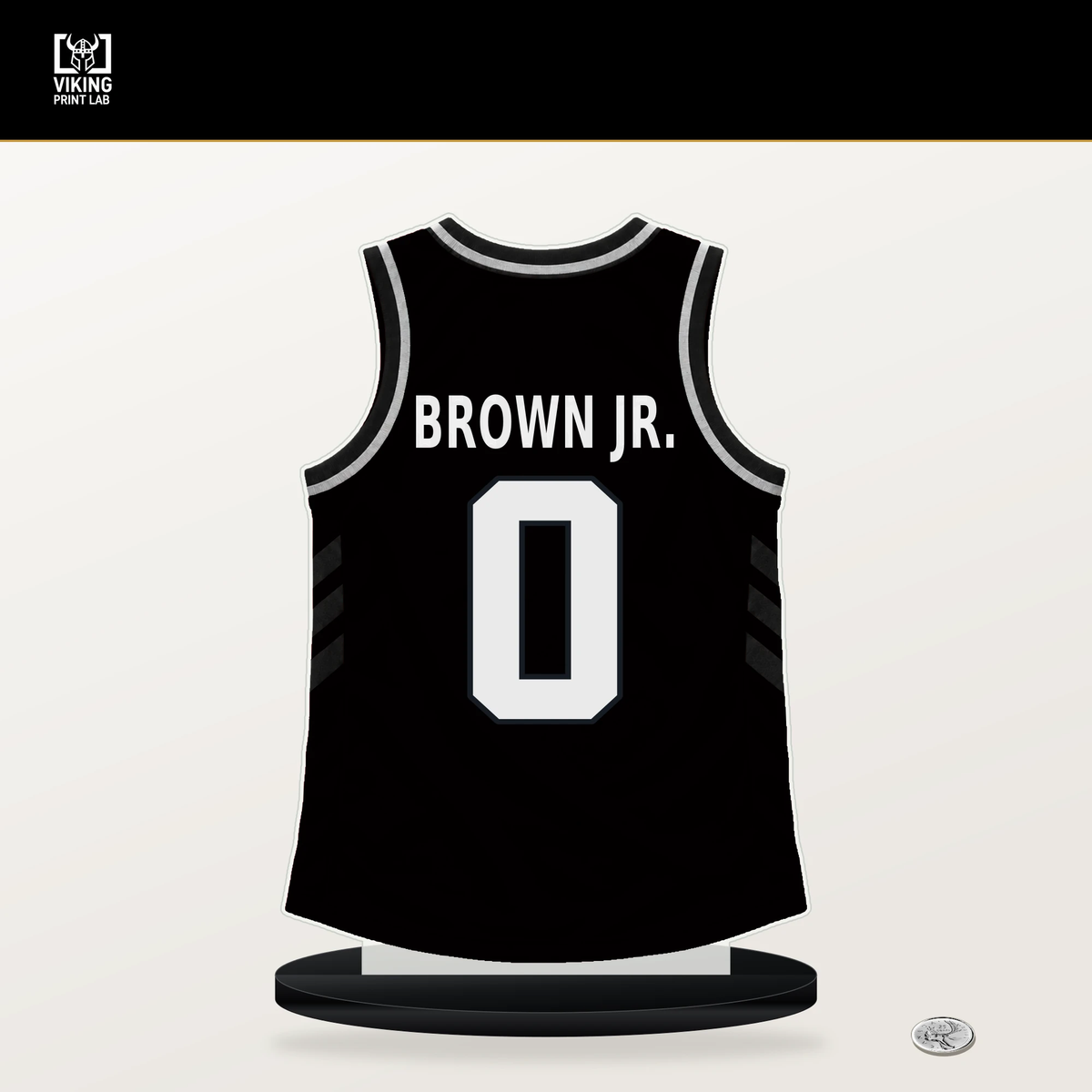 Mikel Brown Jr. number 0 Brooklyn Nets jersey stand with included black base.