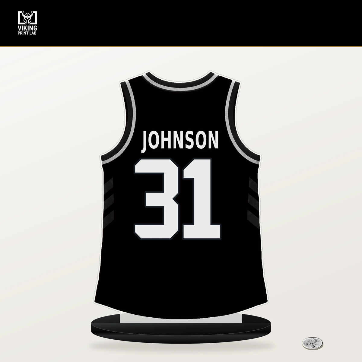 Chaney Johnson number 31 Brooklyn Nets jersey stand with included black base.