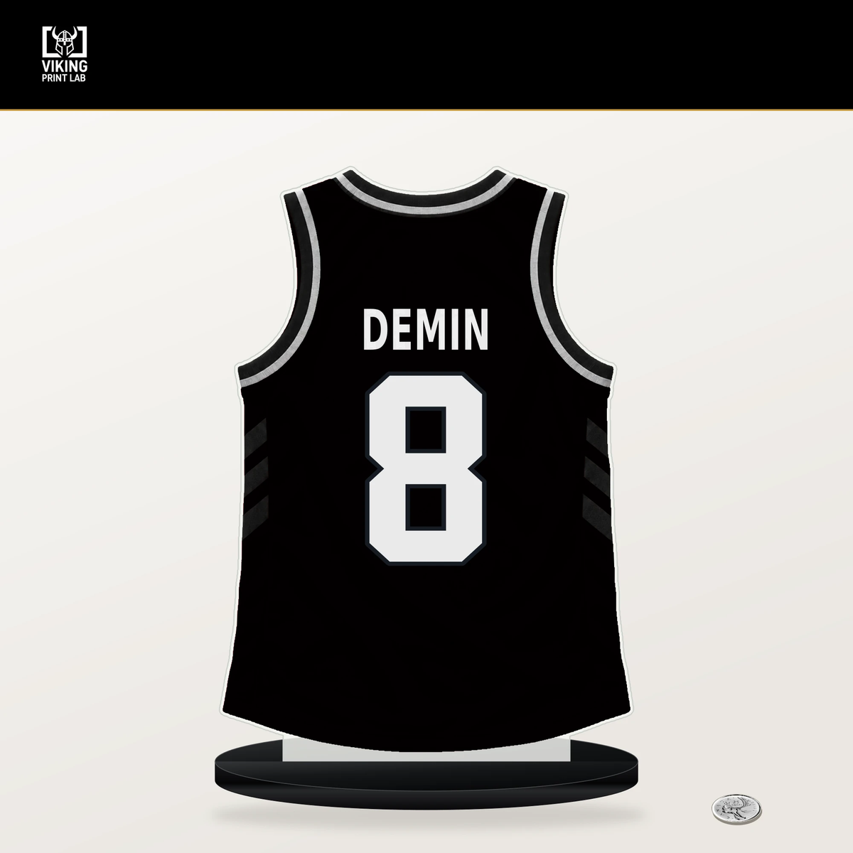 Egor Demin number 8 Brooklyn Nets jersey stand with included black base.