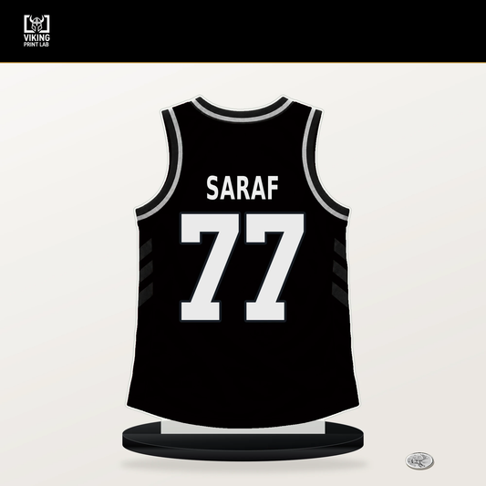 Ben Saraf number 77 Brooklyn Nets jersey stand with included black base.