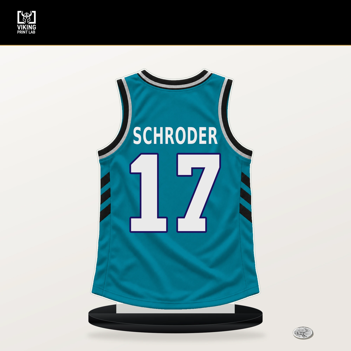 Dennis Schroder number 17 Charlotte Hornets jersey stand with included black base.