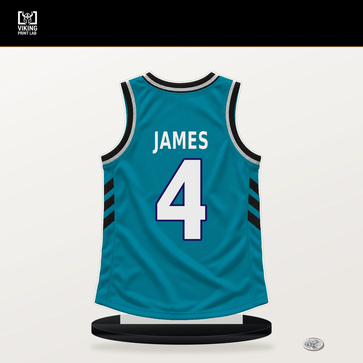 Sion James number 4 Charlotte Hornets jersey stand with included black base.