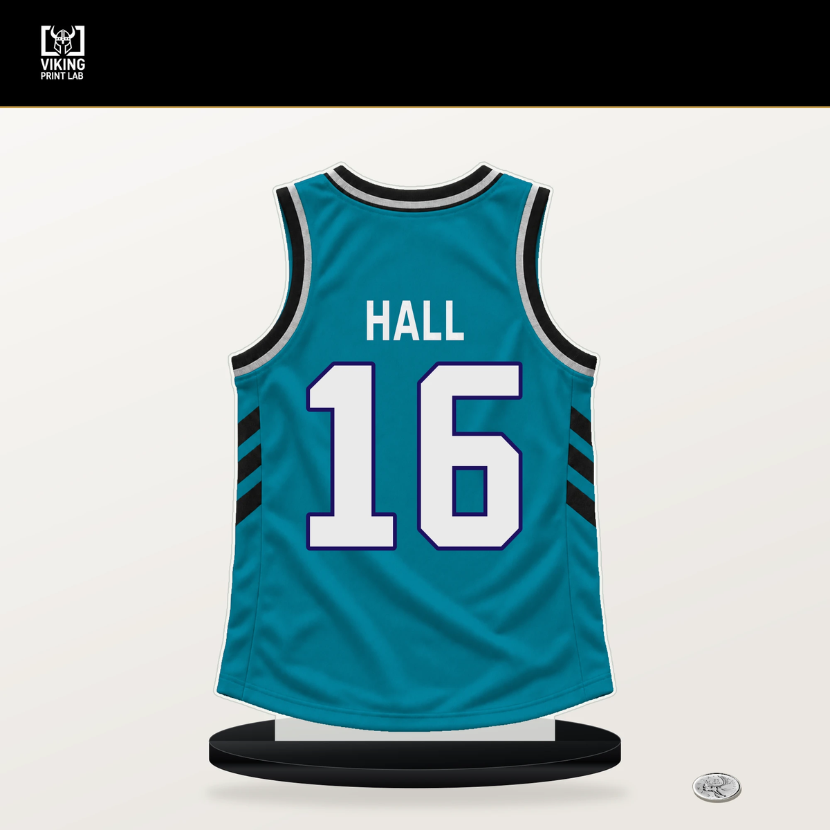 PJ Hall number 16 Charlotte Hornets jersey stand with included black base.