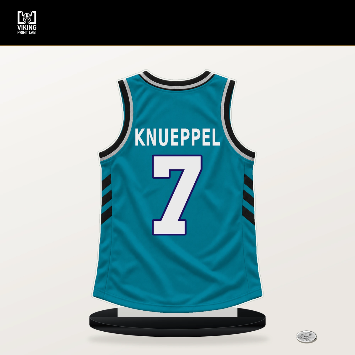 Kon Knueppel number 7 Charlotte Hornets jersey stand with included black base.