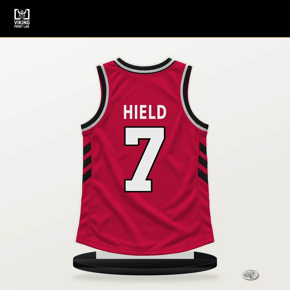 Buddy Hield number 7 Chicago Bulls jersey stand with included black base.